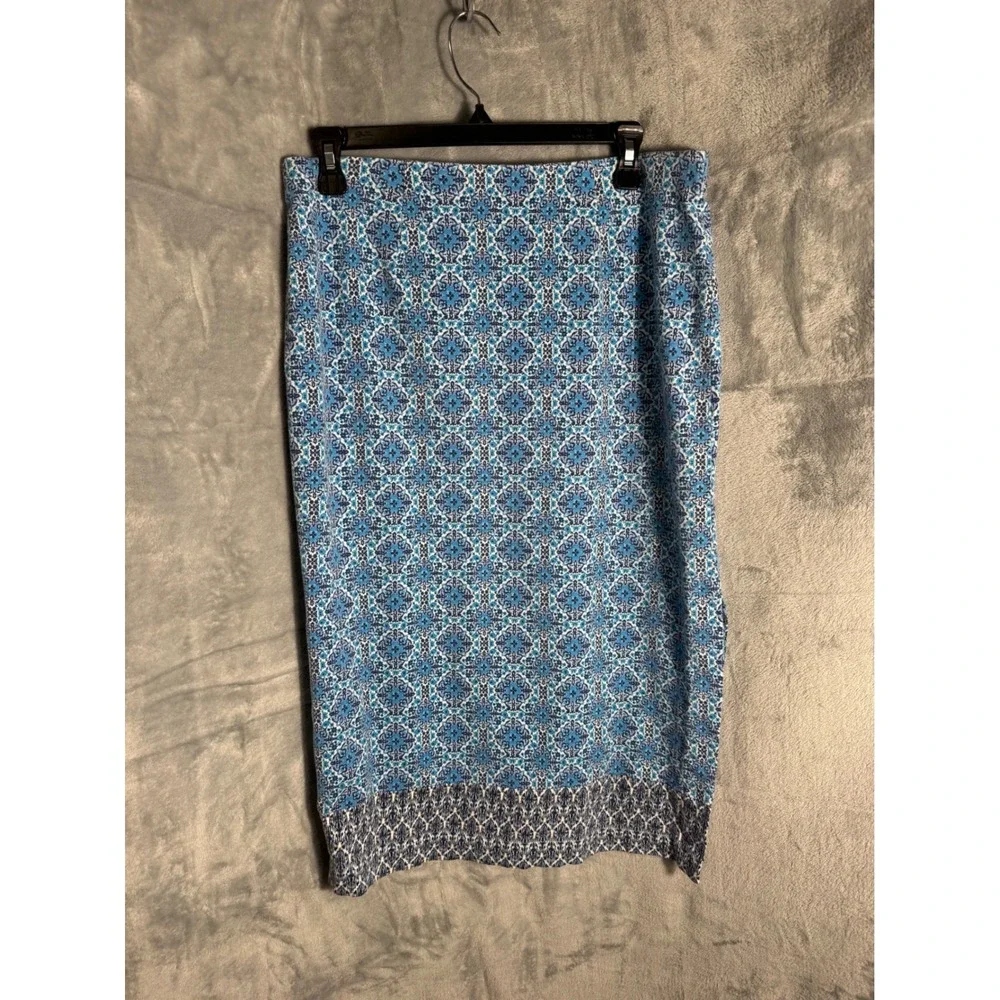 J. Jill Blue Ikat Medallion Print Pencil Skirt Petite Small‎ Side Slit Knit